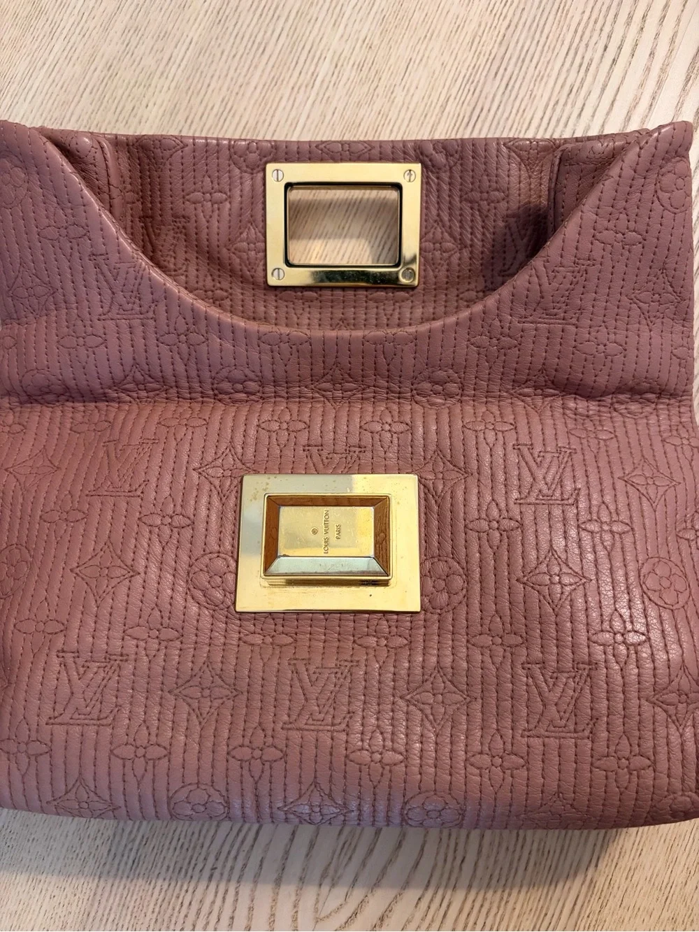 Louis Vuitton Mauve Taupe Leather Monogram Clutch with Gold Mirror
